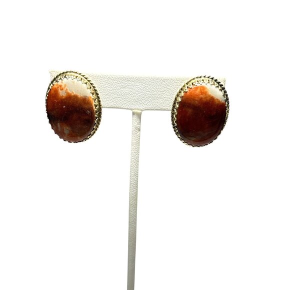 Whiting and Davis Clip On Earrings Faux Stone Look Oval Cabochon Gold Tone Vinta - Picture 4 of 8